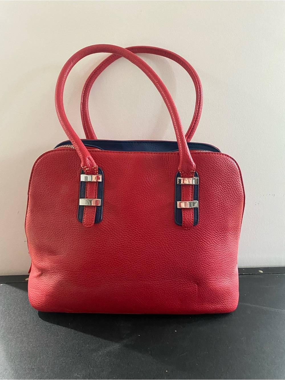 Charming Charlie Red Pebbled Tote with Navy Trim